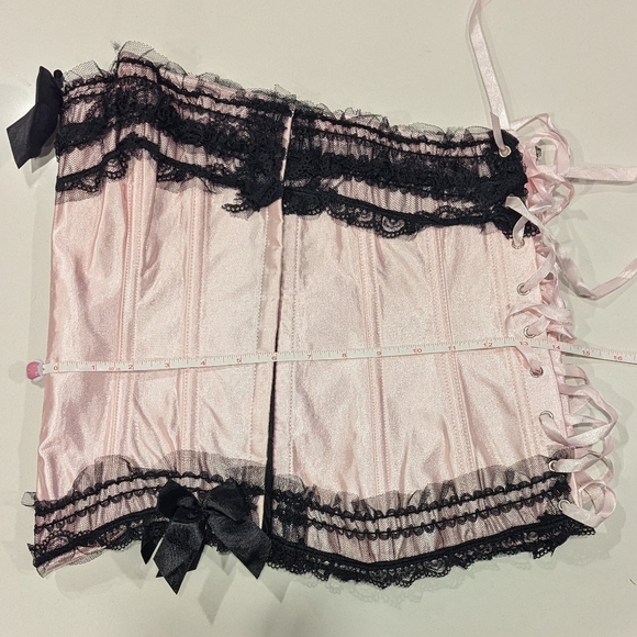Pink Satin Corset With Black Lace and Bows Details - Picture 6 of 7